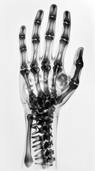 Monochrome X-ray photograph displaying the intricate structure of a hand. Detailed skeletal examination in black and white - obrazy, fototapety, plakaty
