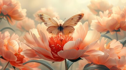   A butterfly atop a flower amidst an orange-pink field, against a backdrop of blue sky