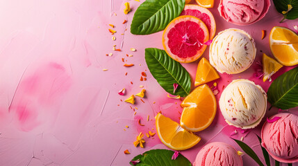 Colorful summer dessert setup with citrus fruits and ice cream scoops on pink background - obrazy, fototapety, plakaty