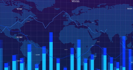 Digital interface with data processing over world map against blue background