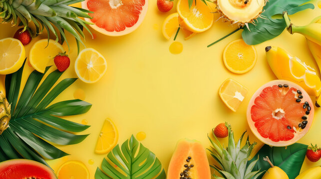 Assorted fresh tropical fruits with palm leaves on a yellow background