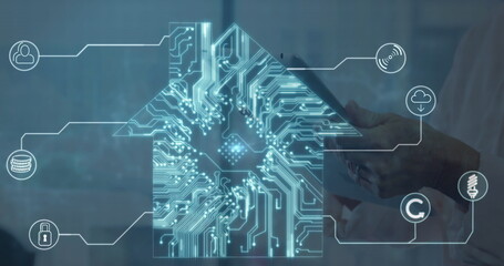 Image of data processing over caucasian woman with tablet