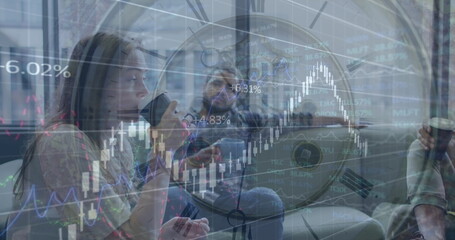 Image of clock and financial data processing over diverse business people in office