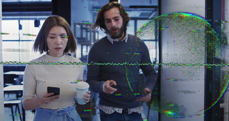 Image of data processing over diverse business people talking and walking