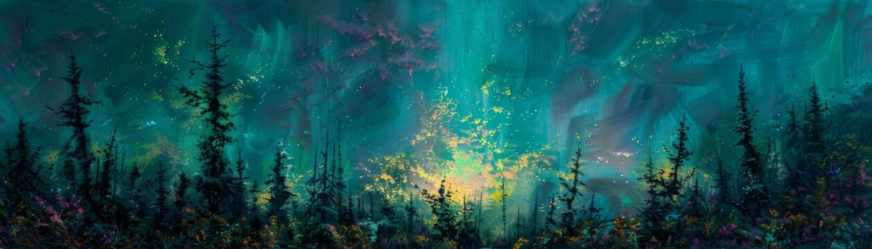 A surreal dreamscape filled with vibrant auroras in shades of hunter green and raspberry illuminating the path of imagination, inviting exploration.