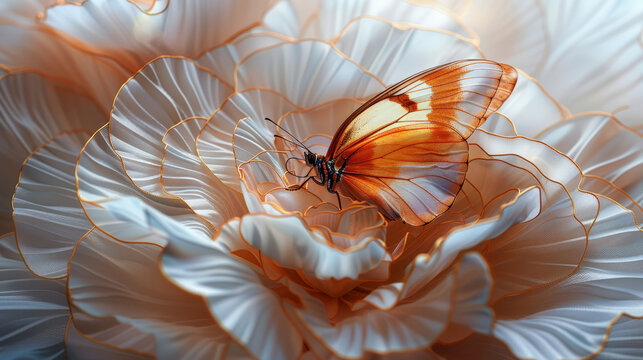   A butterfly atop a flower, in the center of a image dedicated to that scene