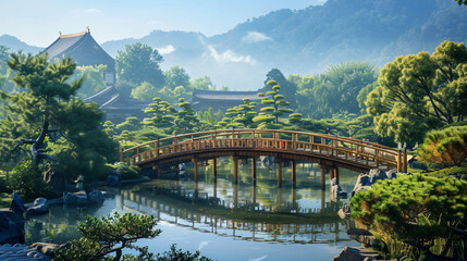 An image featuring a picturesque moon bridge in a Japan