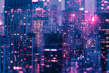 A closeup of skyscrapers in a city during nighttime using a telephoto lens