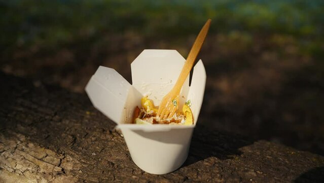 A wooden fork and a paper cup of food, made with natural ingredients