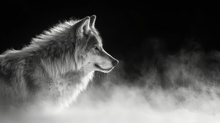   A monochrome image of a wolf's head with smoke emanating from its back