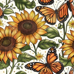 A butterfly and sunflower patterned background with two butterflies
