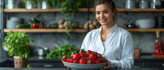 Dietitian with Fresh Strawberries Promotes Healthy Food Choices. Concept Healthy Eating, Strawberries, Dietitian Advice, Fresh Produce, Nutritious Meals