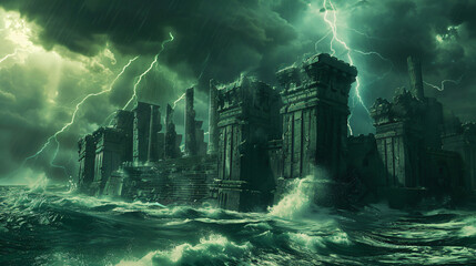 Ancient fantasy lost city of Atlantis. Stormy weather.