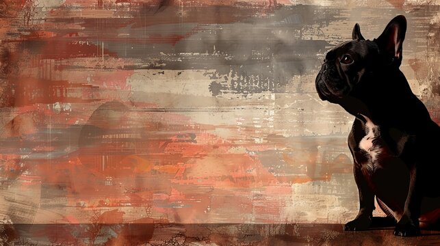 A French Bulldog silhouette against a dark reddish brown, taupe, and light peachy brown abstract background. The image follows the rule of thirds composition