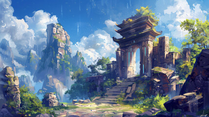 Ancient fantasy stone temple. Epic fantasy landscape.