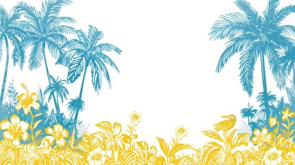  palm trees and flowers in foreground, blue sky in background - obrazy, fototapety, plakaty