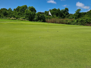 Fototapeta na wymiar Golf Green With White Flag
