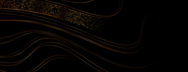 Golden curved wavy lines and dots abstract tech futuristic background. Vector luxury banner design - 785266916