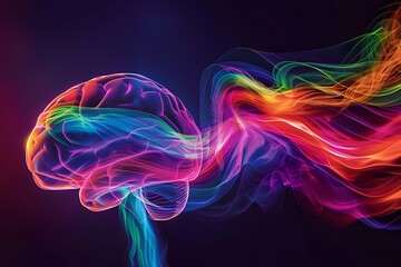 A colorful brain with a rainbow of colors flowing out of it. The brain is surrounded by a colorful stream of light, giving the impression of a brain on fire. Concept of energy and excitement - obrazy, fototapety, plakaty