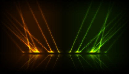 Orange green neon laser rays abstract technology background with reflection. Futuristic glowing vector design - 785266931