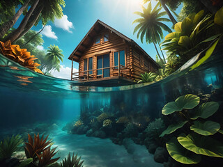 Tropical hut on the water