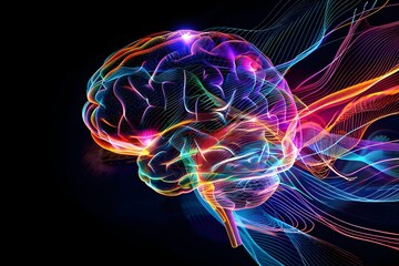 A colorful brain with a purple and green swirl. The brain is surrounded by a rainbow of colors