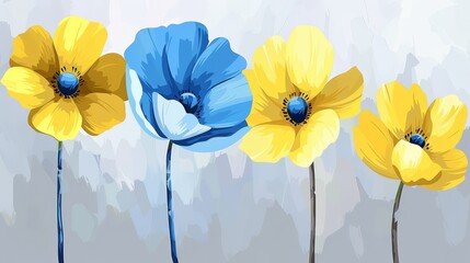   A painting featuring blue, yellow, and white flowers against a gray and white backdrop, with a central blue area
