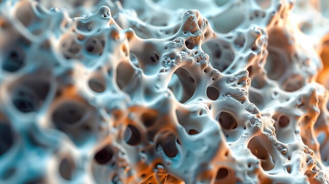Osteoporosis under microscope with porous light bone texture for orthopedic medical and healthcare specialists