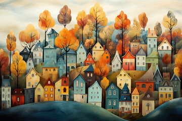 watercolor painting of the autumn, fall city with cozy small houses, streets, trees and birds. Art illustration