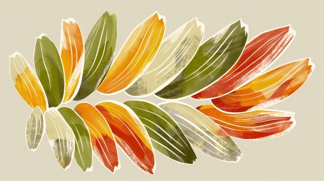   Watercolor drawing of a flower against a beige background, featuring orange petals and green leaves, on a distinctly separate white background