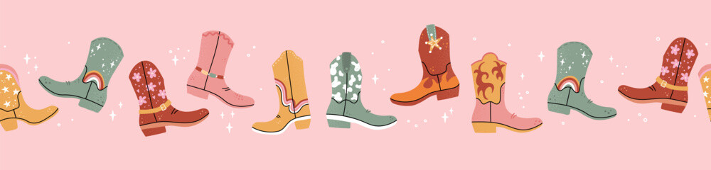 Lovely illustrated cowboy boots with different ornaments, cactus, animal print, flames, stars. Vector hand drawn illustration, horizontal seamless pattern, great for textiles, wallpapers, wrapping.
