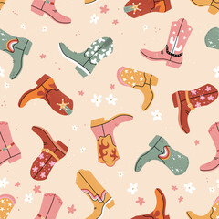 Lovely illustrated cowboy boots with different ornaments, cactus, animal print, flames, stars. Vector hand drawn illustration, seamless pattern, great for textiles, wallpapers, wrapping.
