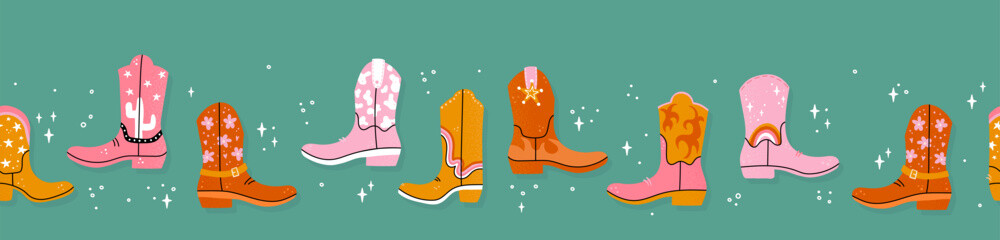Lovely illustrated cowboy boots with different ornaments, cactus, animal print, flames, stars. Vector hand drawn illustration, horizontal seamless pattern, great for textiles, wallpapers, wrapping.