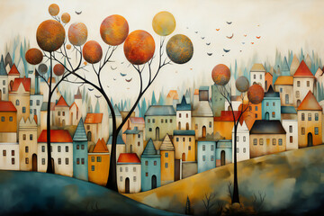 watercolor painting of the autumn, fall city with cozy small houses, streets, trees and birds. Art illustration