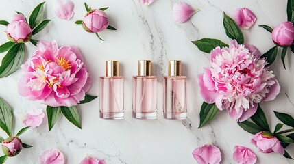 a collection of perfume bottles adorned with delicate flowers, set against a soft, light background, with ample space for text.