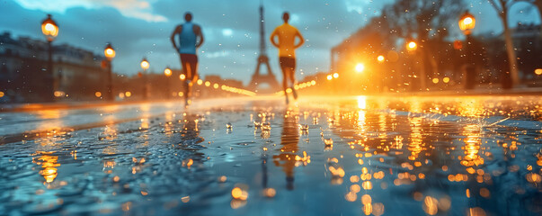 Two Olympic Athletes Are Running On Wet Asphalt In Paris, Sportsmen Jogging After Rain, Runner Or Games, To Have A Run In City