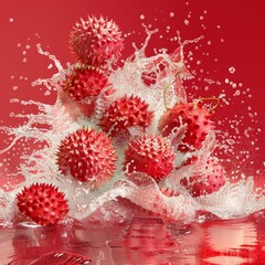 A splash of water is splashing on a bunch of red fruit