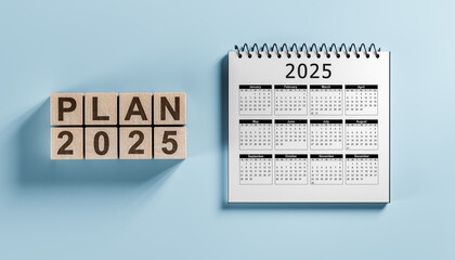 Calendar Year 2025 schedule on blue background. 2025 Year Happy New Year Plan. Resolution, Goals, Plan, Action, Mission plans for 2025. New Year business plan, strategies, goal, development