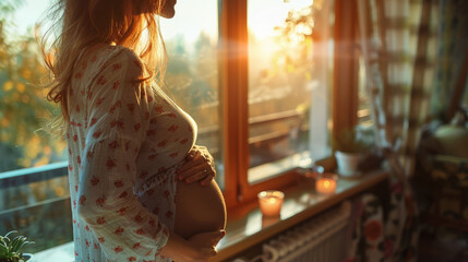 people and expectation concept - close up of happy pregnant woman with big belly at window - Powered by Adobe