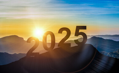 2025 New Year at sunset. Silhouette 2025 stands on mountain with sun rays at sunrise. welcome beginning new year 2025