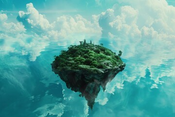 Abstract and whimsical island with vibrant greens and pure whites, merging with astrophysical essence. Enchanting beauty tainted by unseen disease, evoking cosmic melancholy.