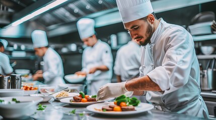 Chef cooks and presents a dish in the kitchen of a luxury restaurant