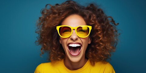 woman looking empty blank frame social media concept expression wearing sunglasses face portrait copy space photo background design happy