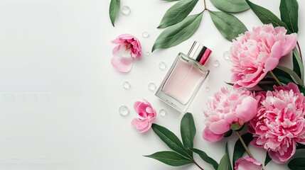 a collection of perfume bottles adorned with delicate flowers, set against a soft, light background, with ample space for text.