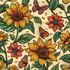 A colorful floral pattern with butterflies and sunflowers