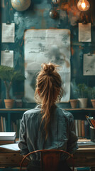 Young woman working, sitting at a table in a room, view from the back.