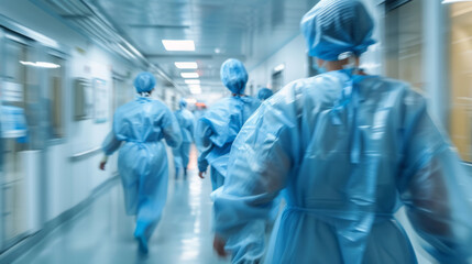 Surgeons and Doctors Walk Through Hospital Hallway, Dynamic scene, Modern Bright Hospital with Professional Staff.