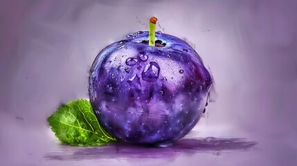   A purplish fruit depicted with a verdant leaf beside it and a lit candle protruding from its peak