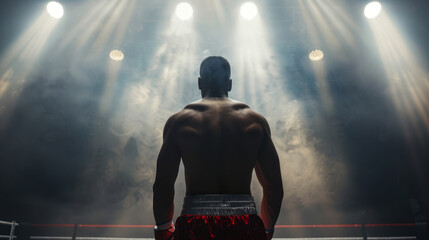 taken from behind, professional boxer fight in ring with spot lighting