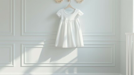 Baby, infant white dress mockup, nursery interior background